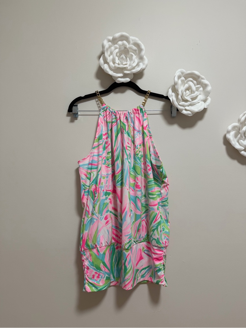 Lilly Pulitzer Pink, Mint & Light Blue Tropical Halter Dress with Gold Chain